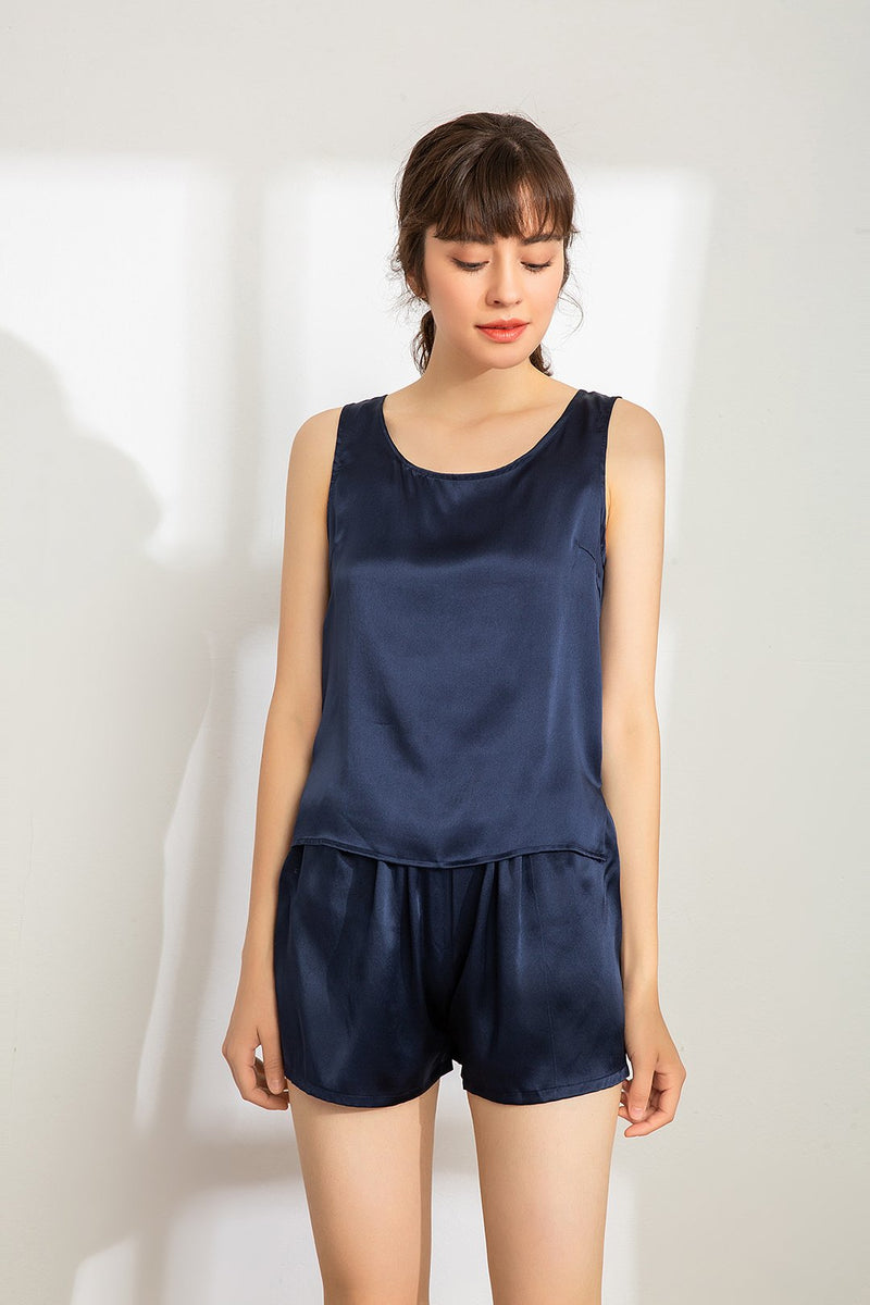 100% Mulberry Silk Pajama Set - Tank and Shorts - Navy Blue