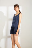 100% Mulberry Silk Pajama Set - Tank and Shorts - Navy Blue