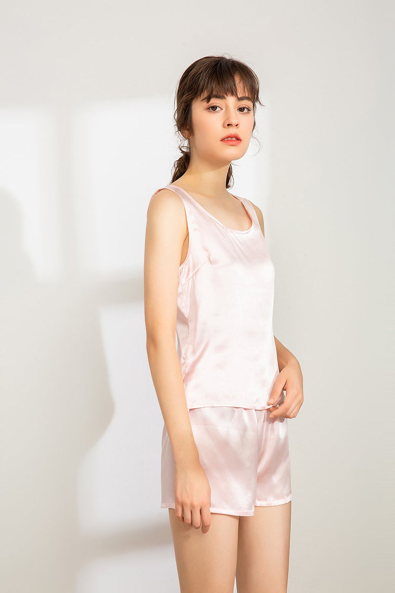 100% Mulberry Silk Pajama Set - Tank and Shorts - Pink