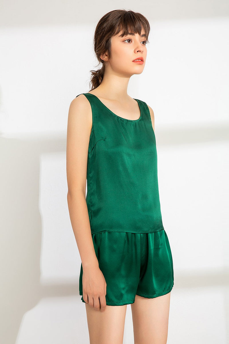 100% Mulberry Silk Pajama Set - Tank and Shorts - Emerald