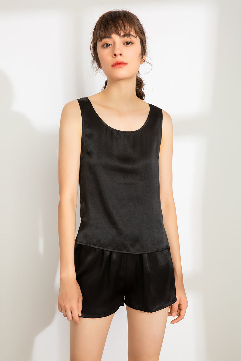 100% Mulberry Silk Pajama Set - Tank and Shorts - 6 Colors Navy Blue,Black,Pink,Mint Green,Ivory,Emerald