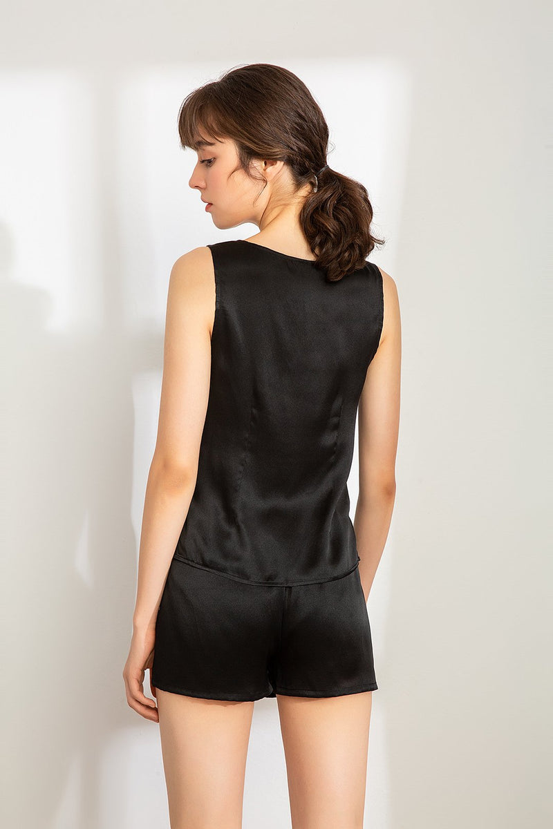 100% Mulberry Silk Pajama Set - Tank and Shorts - Black