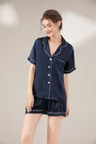 LEPTON 100% 19mm Short Sleeve Mulberry Silk Pajama Set - Navy Blue
