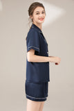 LEPTON 100% 19mm Short Sleeve Mulberry Silk Pajama Set - Navy Blue