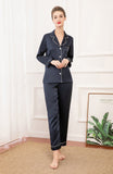 19mm Women 100% Mulberry Long Sleeve Silk Pajama Set - Navy Blue