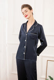 19mm Women 100% Mulberry Long Sleeve Silk Pajama Set - Navy Blue