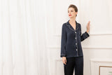 19mm Women 100% Mulberry Long Sleeve Silk Pajama Set - Navy Blue
