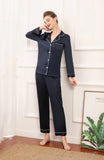 19mm Women 100% Mulberry Long Sleeve Silk Pajama Set - Navy Blue