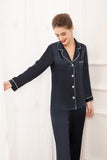 19mm Women 100% Mulberry Long Sleeve Silk Pajama Set - Navy Blue